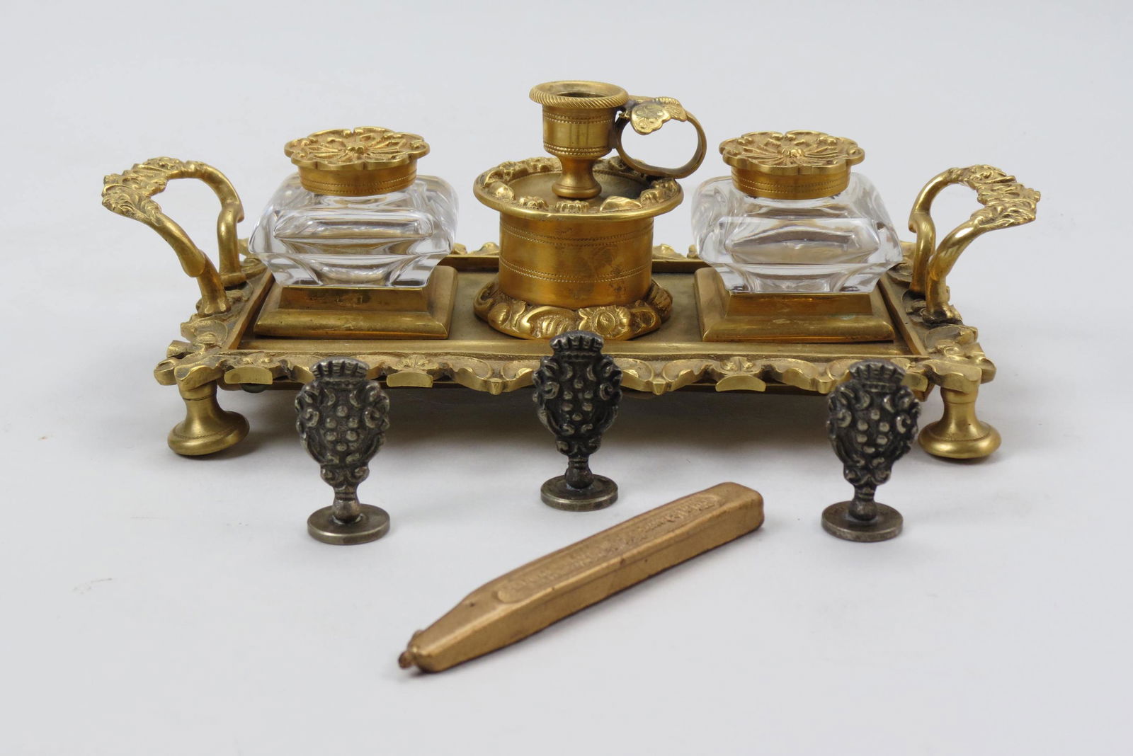 Dore Bronze Inkstand, two crystal inkwells, (1 of 4)