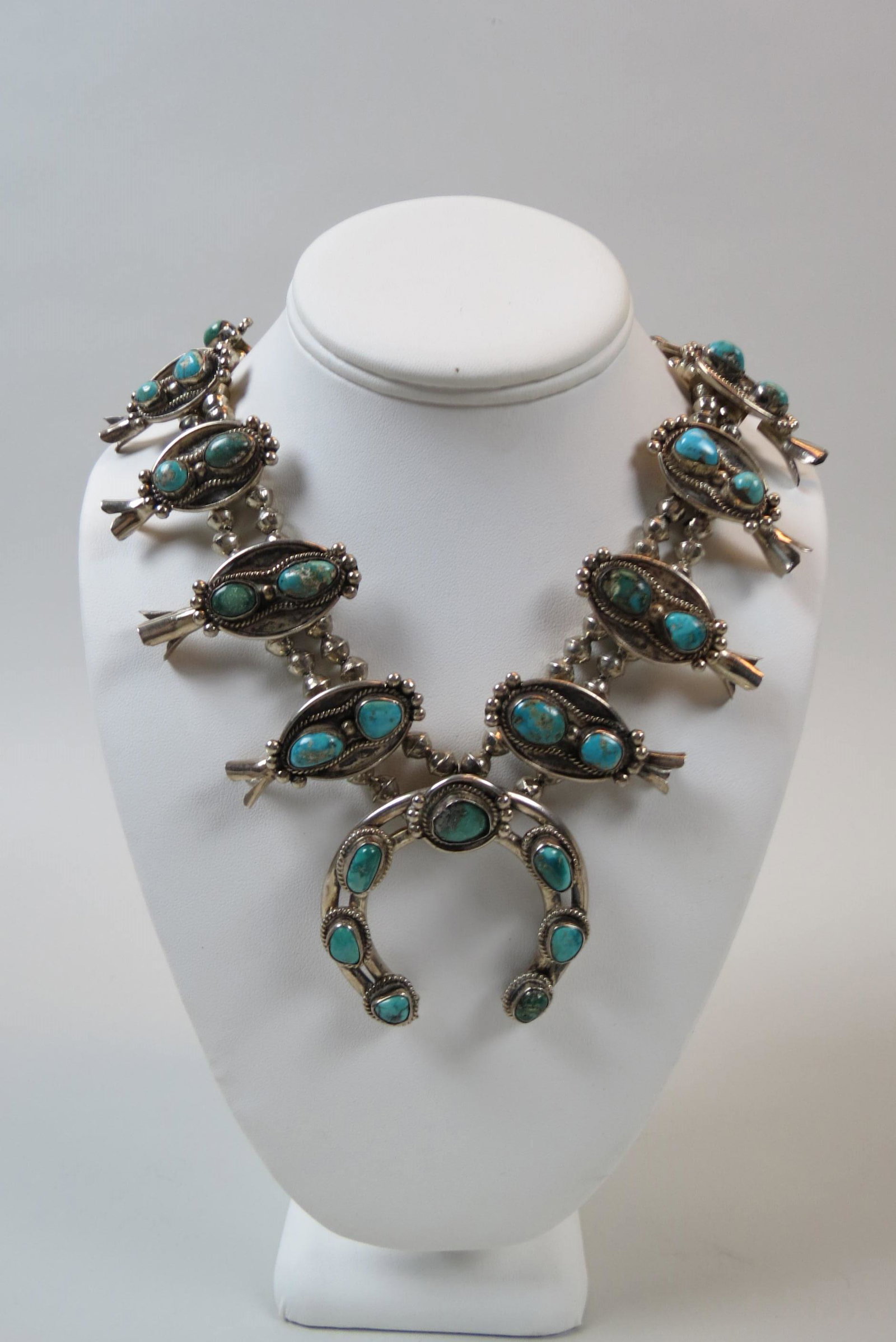 Navajo Turquoise Sterling Squash Blossom Necklace,: 24" long plus Naja, 183 grams.