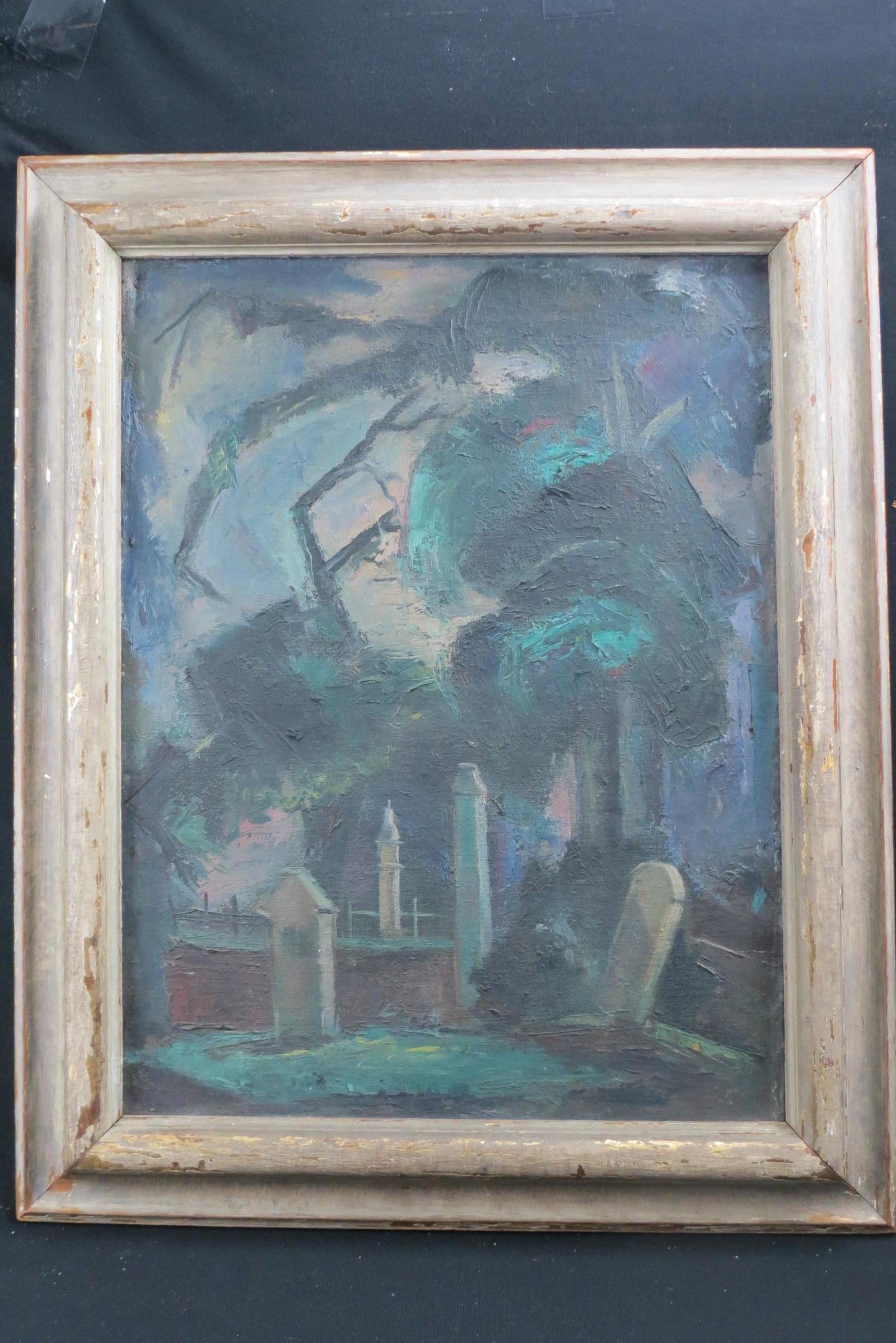 George Cress, oil, "Forest Drapery",: graveyard at night, a well listed Southern artist, 1921-2008, signed and dated 1948, image area 18" X 24" plus frame, with exhibition label for 20th annual exhibition of Georgia artists, Savannah, GA,