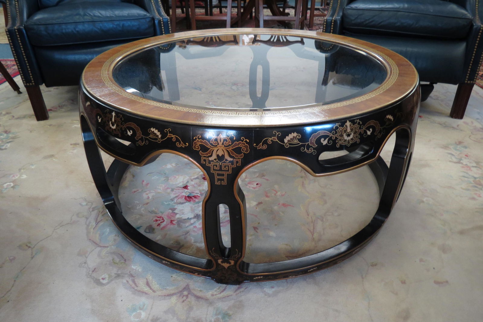 Chinese Style Round Coffee Table, Glass top, (1 of 4)