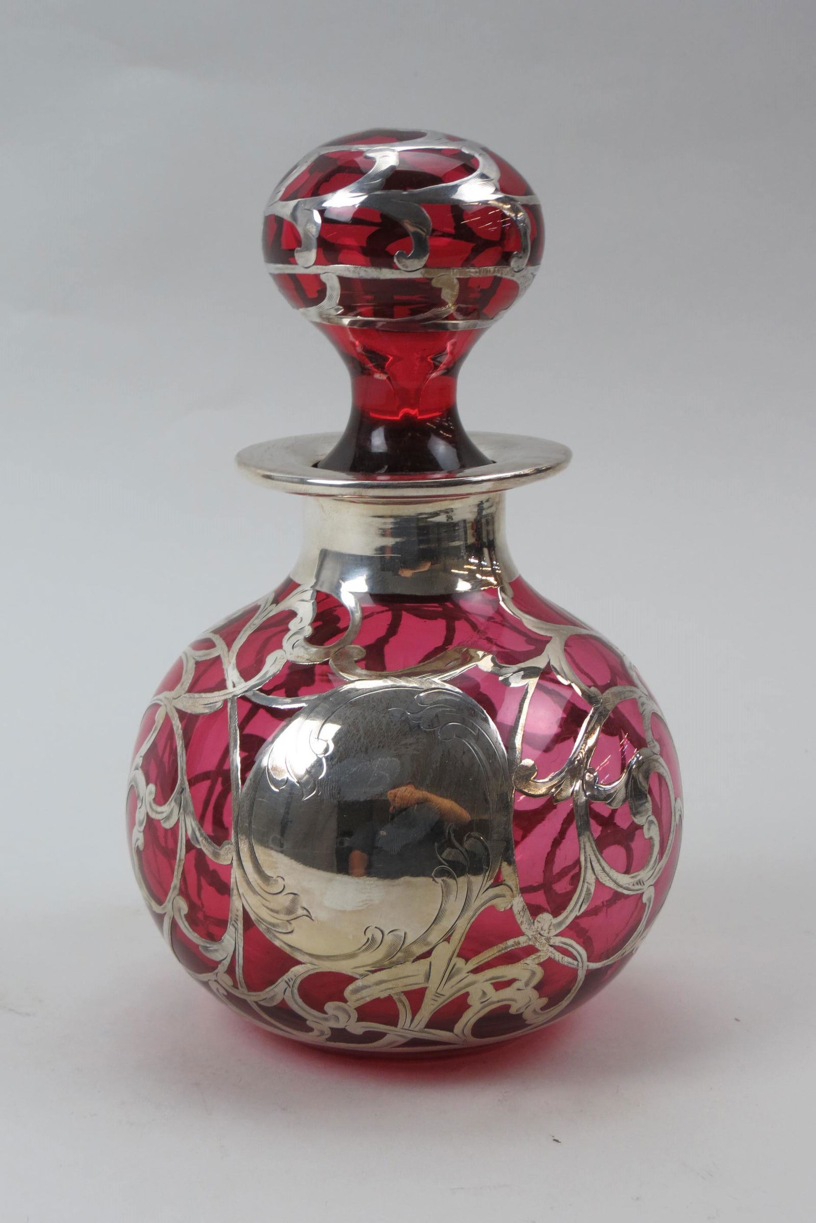 Silver Overlay Cranberry Glass Cologne Bottle, (1 of 8)