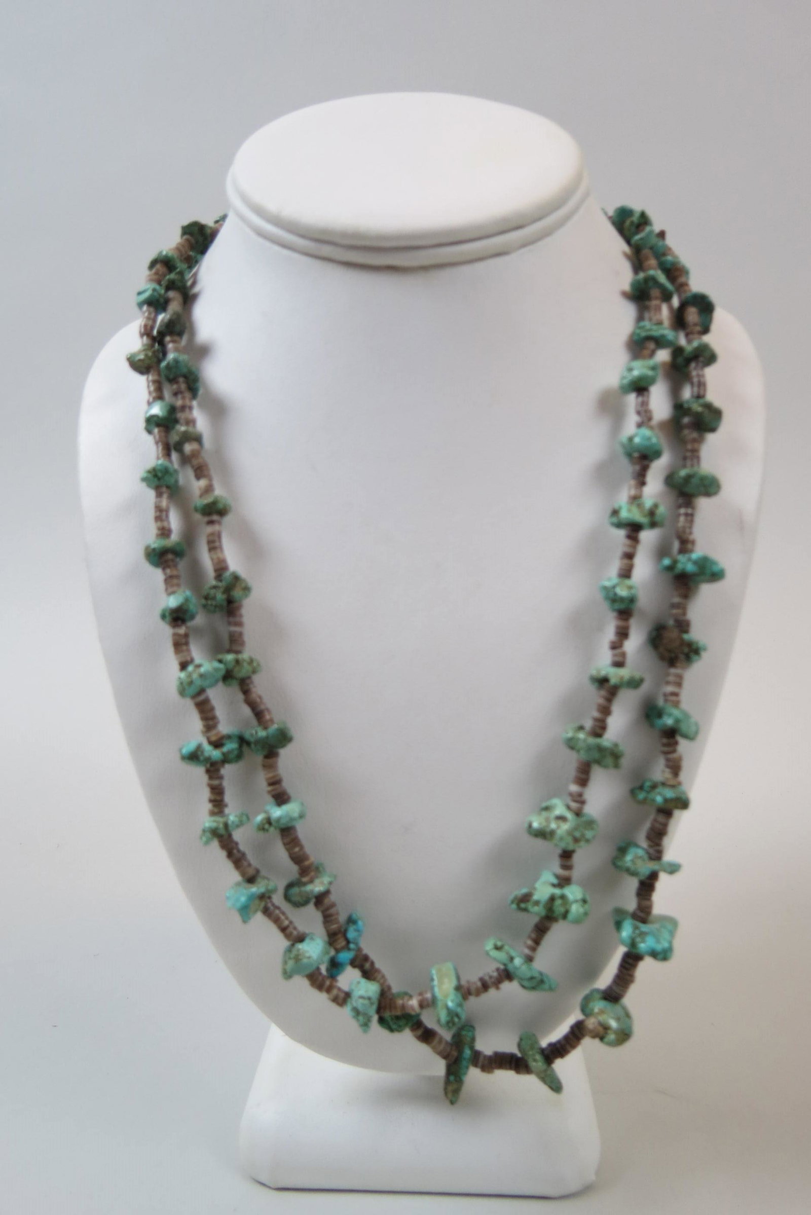 Navajo Fetish Necklace with Turquoise,: natural turquoise nuggets, double strand, sterling clasp, 32" long.