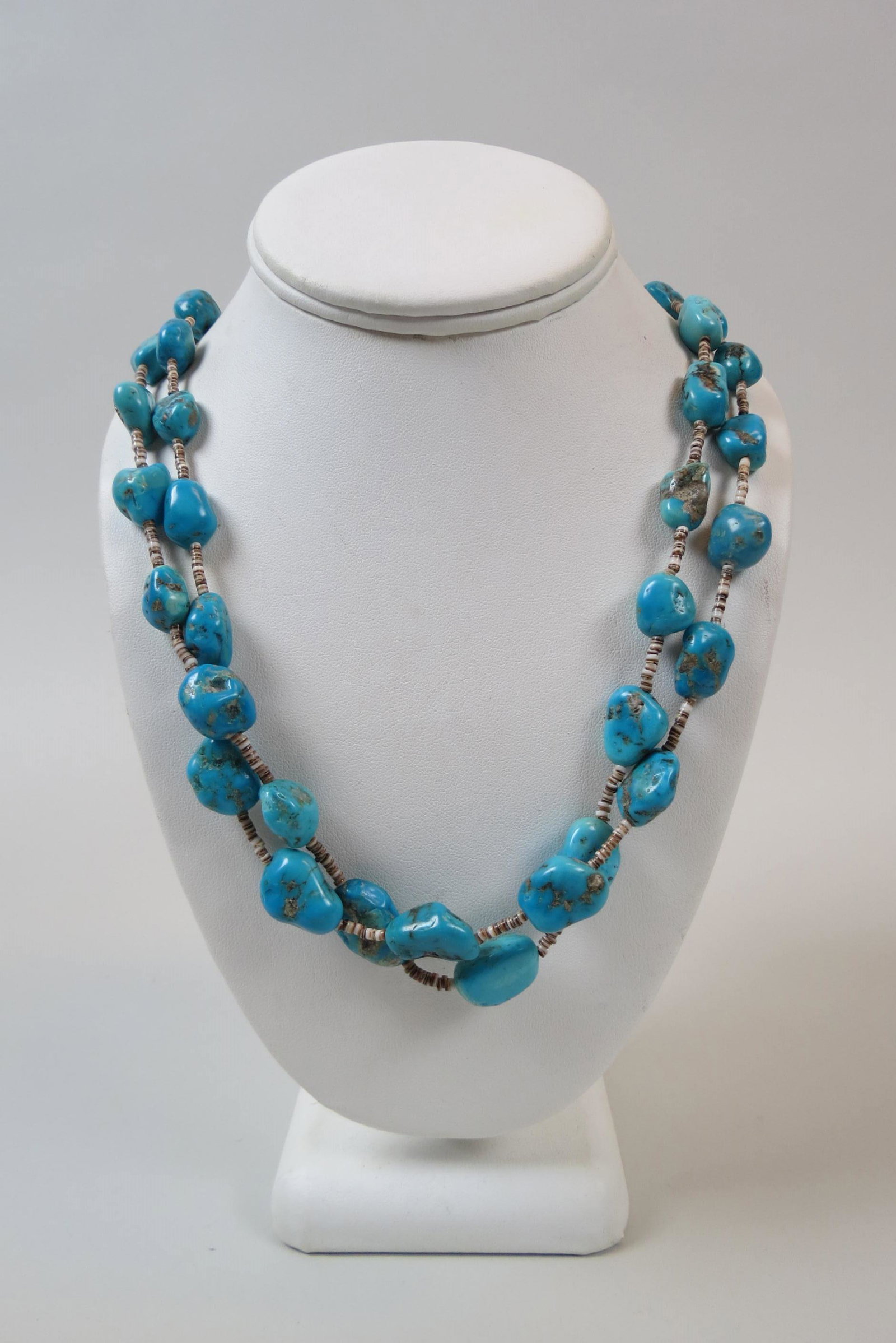 Native American Turquoise Necklace,: natural blue beads in tiered double strand, 30" long.