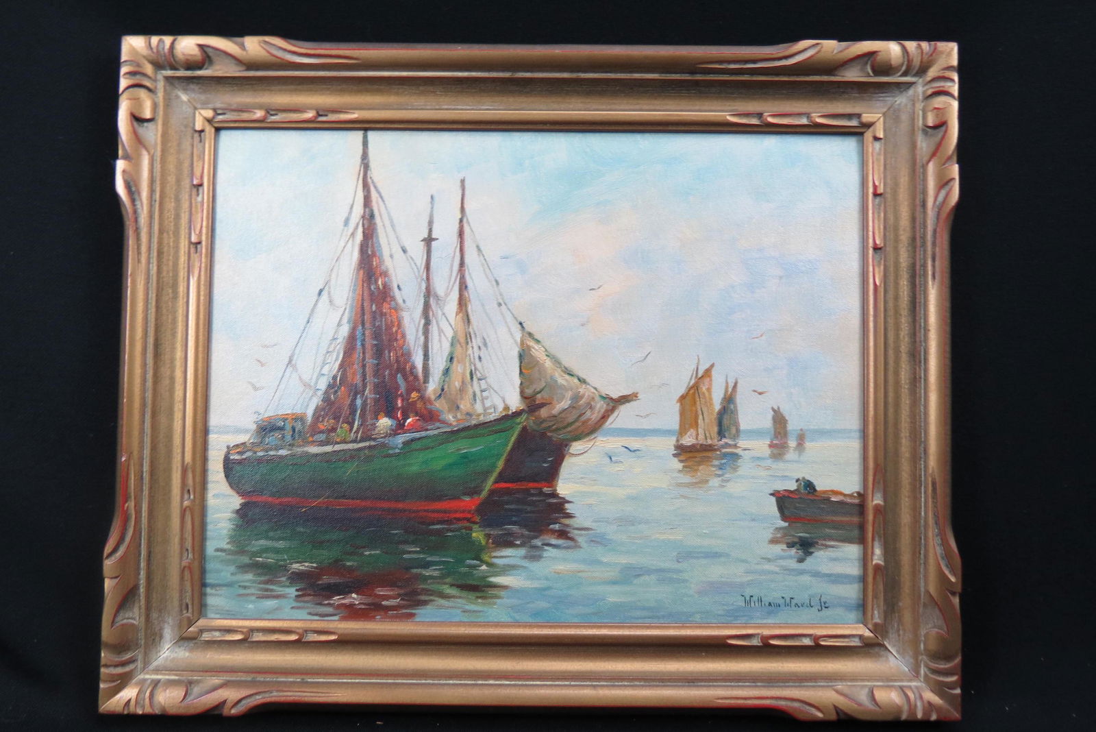 William Ward, Jr., oil, Ships in Harbor, AKA "Cappy": on artist board, image area 12" X 16" plus gold frame, well listed artist, painted mostly in Sag Harbor area, 1911-2001,..... C. Hjalmar "Cappy" Amundsen Born: 1911 - New York CityDied: 2001 - East Mo