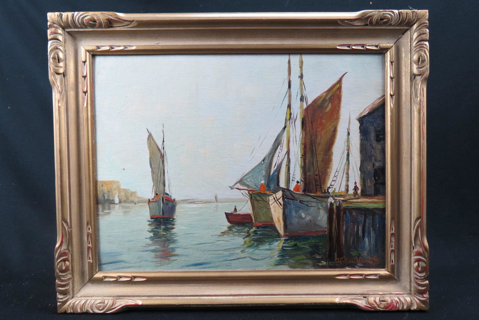 William Ward, Jr., oil, Boats in Harbor, AKA " Cappy",: on board, image area 12" X 16" plus fame, well listed artist, primarily painted in Sag Harbor area, 1911-2001......... C. Hjalmar "Cappy" Amundsen Born: 1911 - New York CityDied: 2001 - East Moriches,