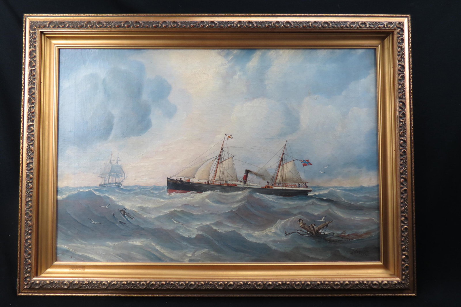 M. Mc Lachlan, oil, Steamship & Frigate,: stormy seas with wreckage in water, signed and dated 1865, on canvas, image area 20" X 30" plus gold frame.