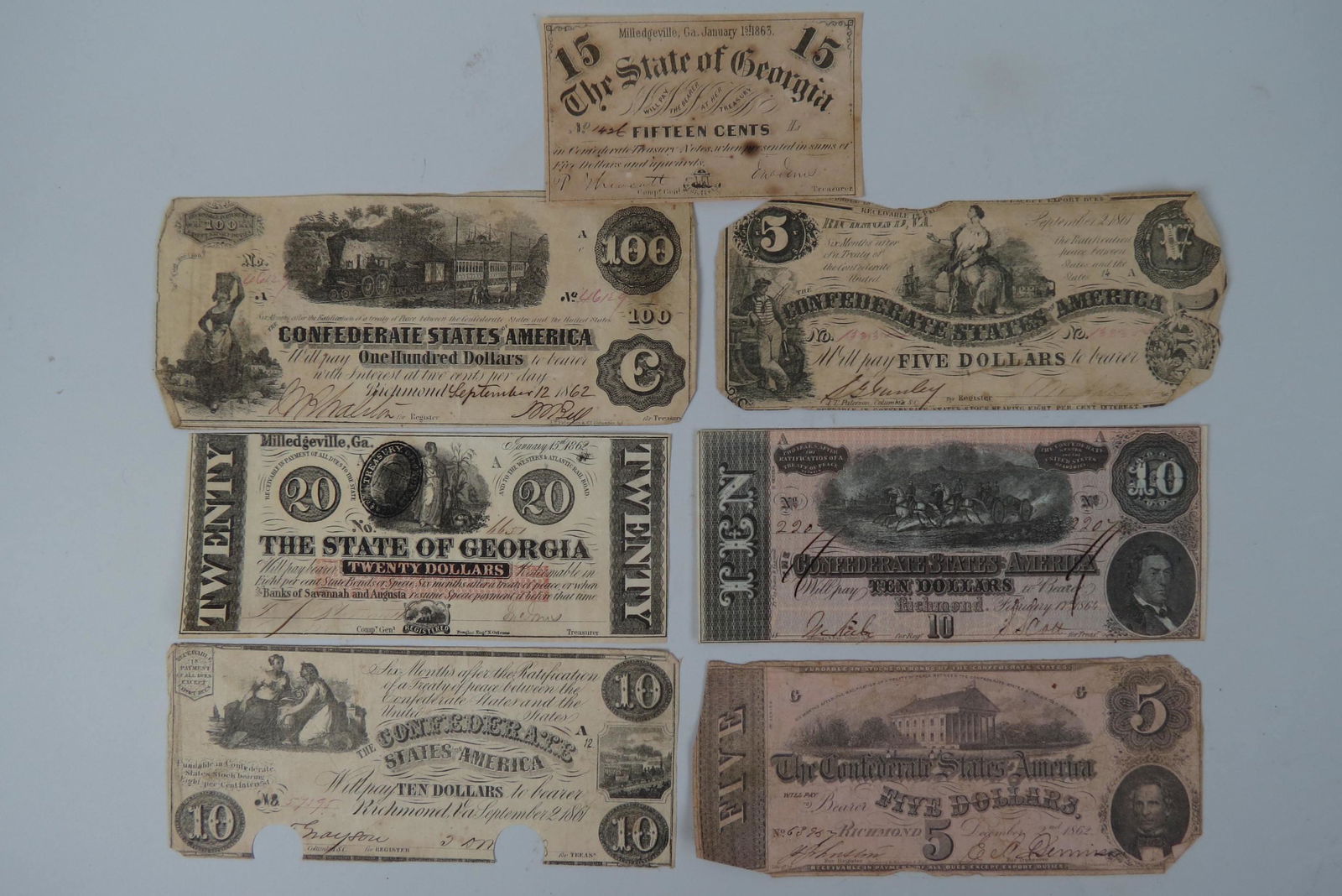 7 pcs. Confederate Currency, 1861-1864, (1 of 12)