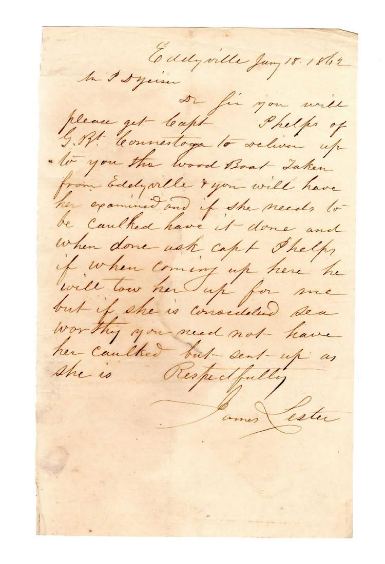 Civil War Letter James Lester to Capt. Phelps,: 1862, regarding a wooden boat captured at Edelyville.