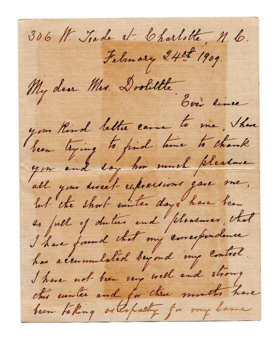 Letters to & From Mrs. Stonewall Jackson,: Mary A. Jackson's letter of Feb. 24, 1909, while living at 306 W. Trade St. in Charlotte, NC to an earlier letter she recieved. Nice content and a view into life of the life of wife, "Widow of the Con