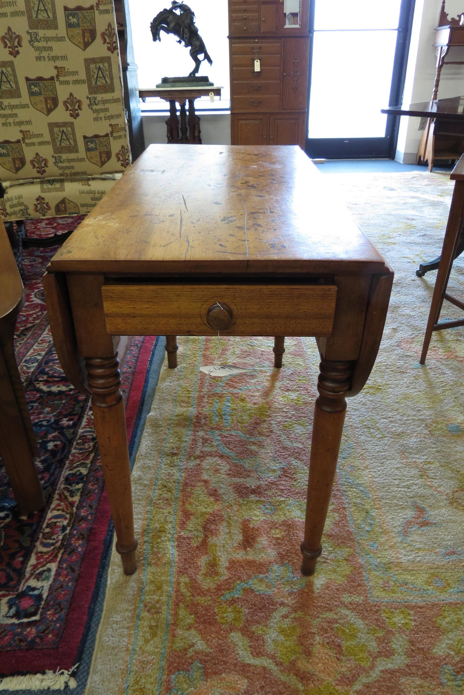 Maple Dropleaf Table,: with drawer, 27 1/2" tall, 17" X 35" (closed), 35" X 41" (open).