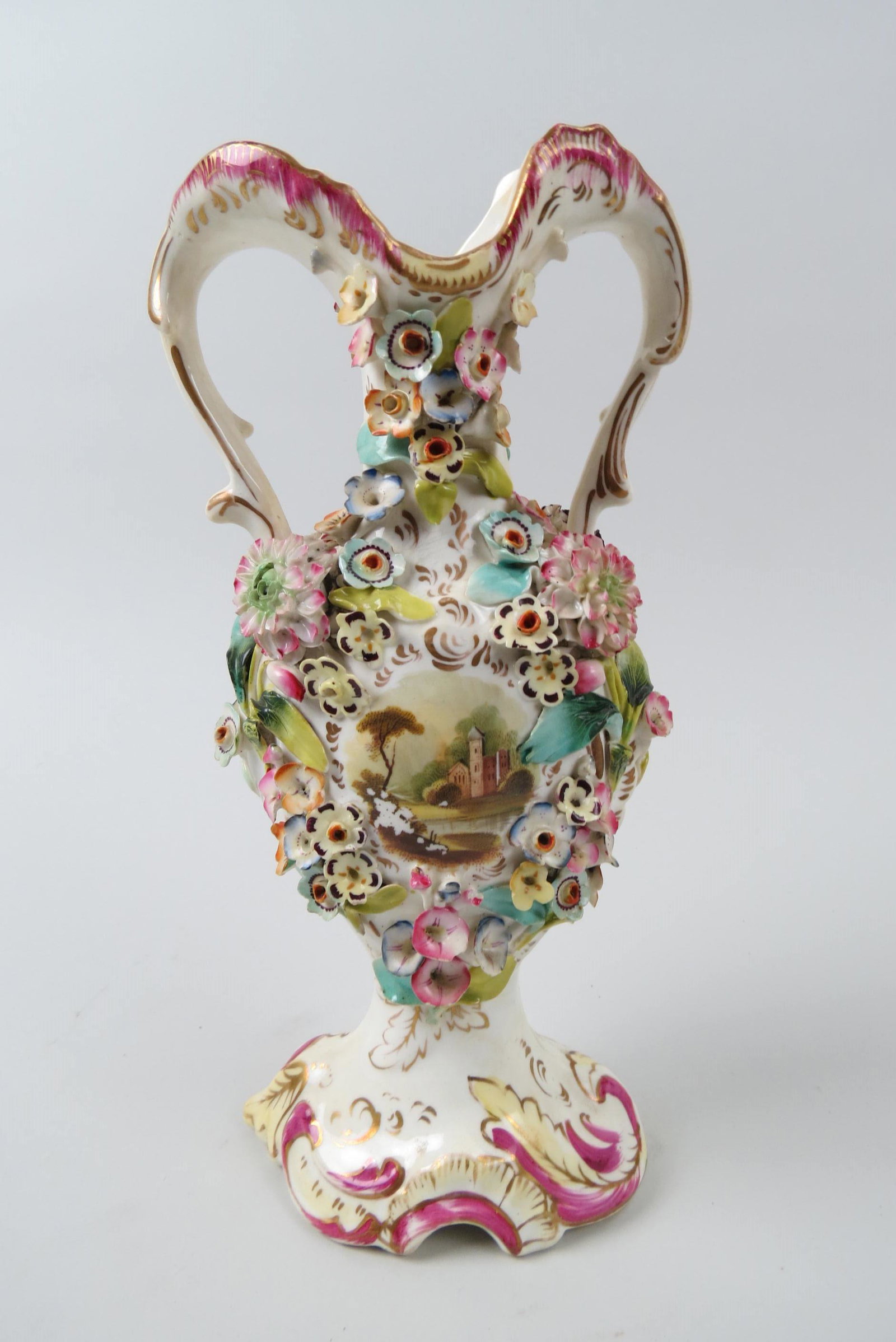 Early English Porcelain Vase,: Minton type, hand painted landscape scenes, applied flowers, handled, 11", just some petal loss.