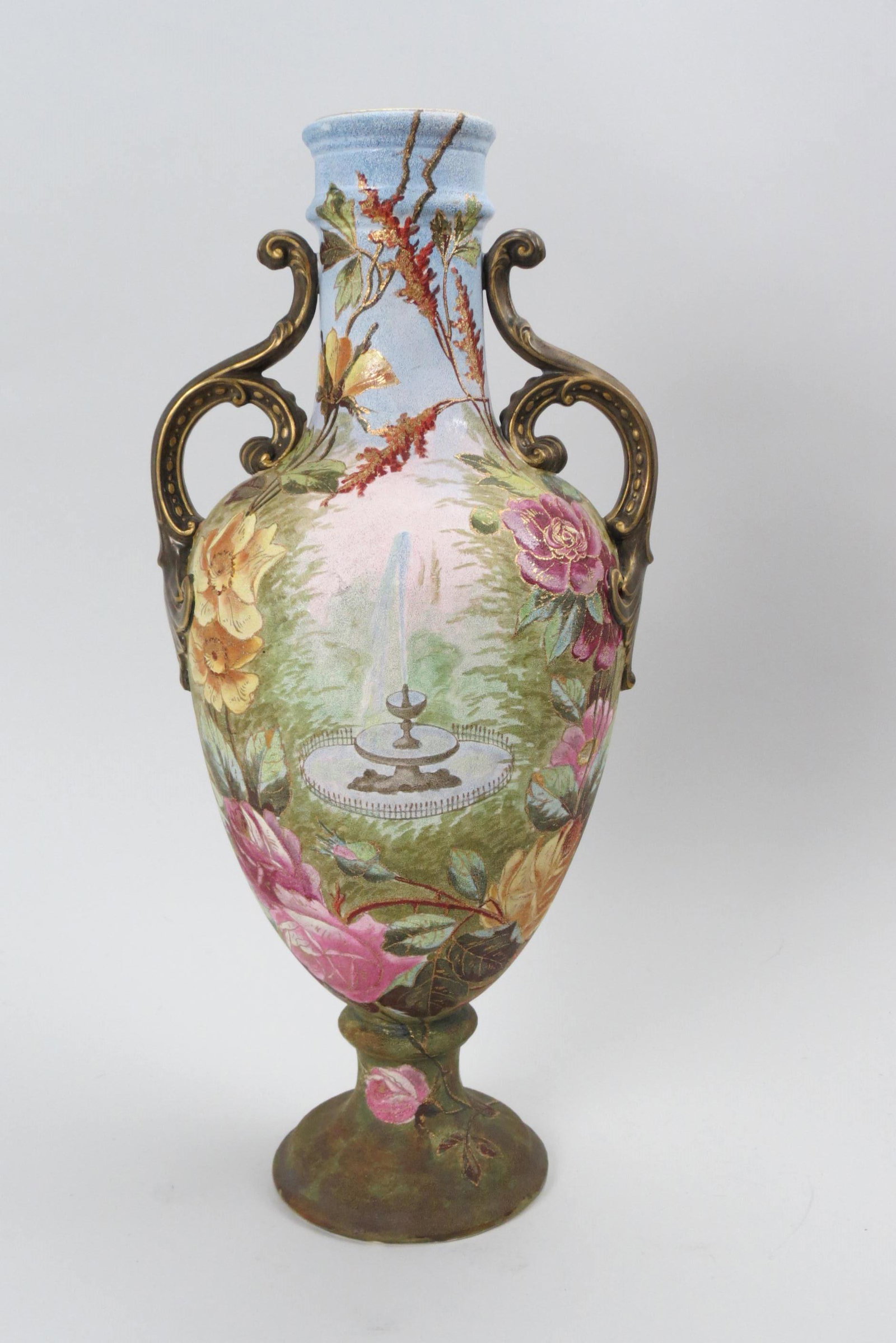 Royal Bonn Tapestry Porcelain Vase,: fine floral decor, handled, gold trim, 18" tall, signed, excellent...Royal Bonn ceramics was begun in 1836 by the 19th Century potter and artist Franz Anton Mehlem. The manufactory produced high quali