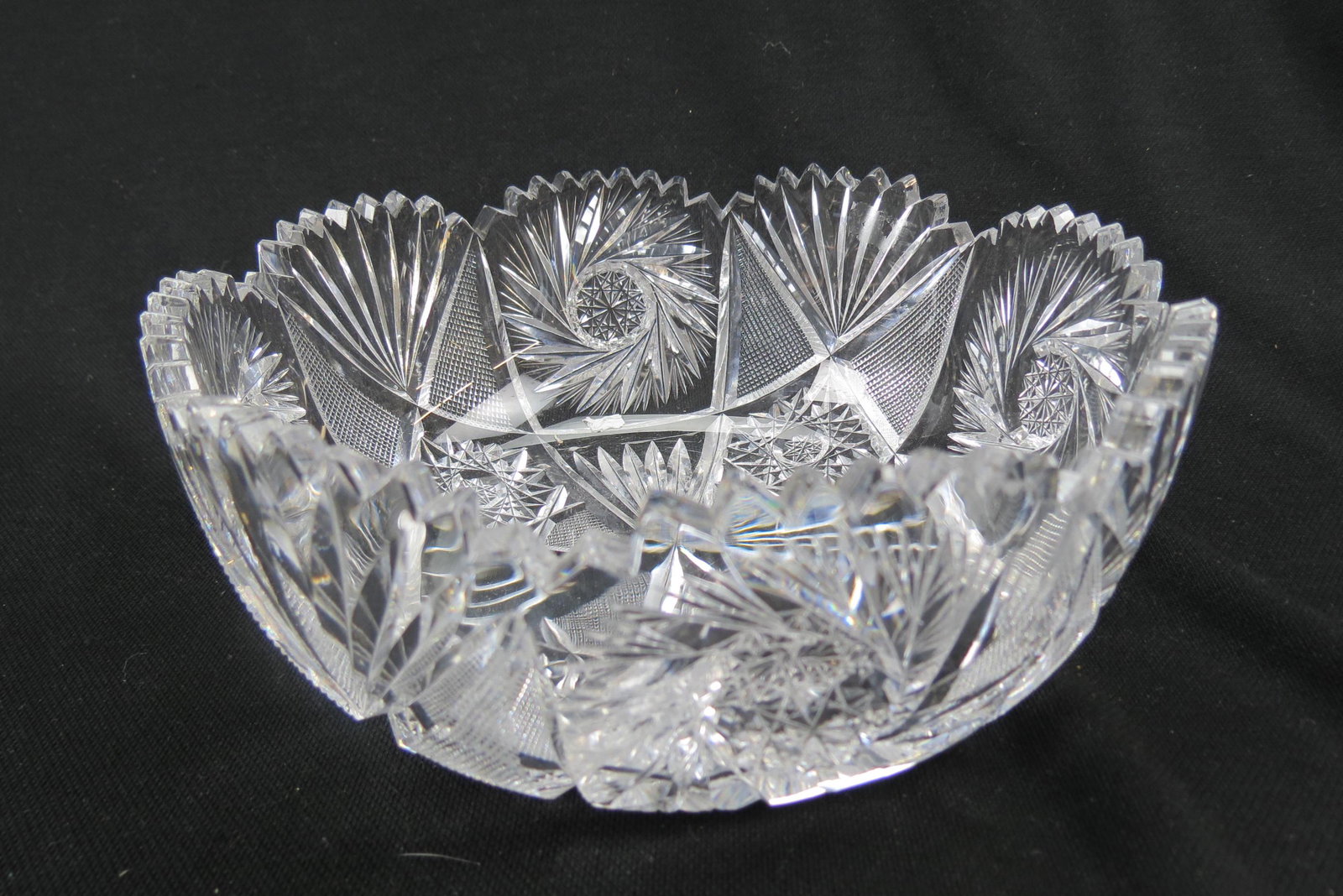 Clark Brilliant Period Cut Glass Bowl,: pinwheel, starburst, diamond and fan designs, 8", signed.