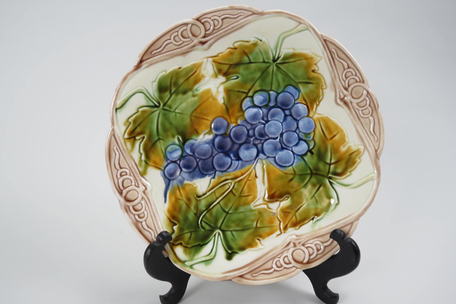 French Majolica Pottery Plate,: grape and vine decor, 8 1/2", signed, excellent.