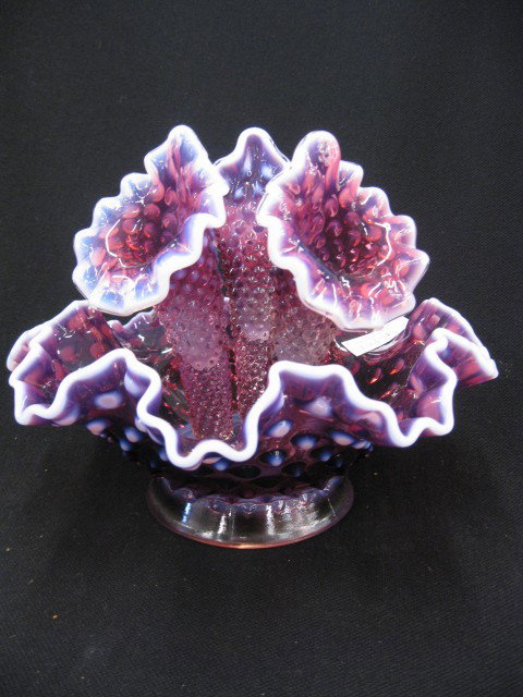 Fenton Cranberry Opalescent Epergne, triple lily, d: triple lily, deep purplish red, hobnail, 7" tall, excellent.