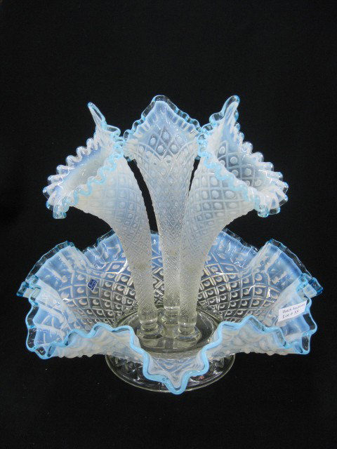 Fenton Opalescent Art Glass Epergne, blue rim, trip: blue rim, triple lily, 11" tall, excellent.