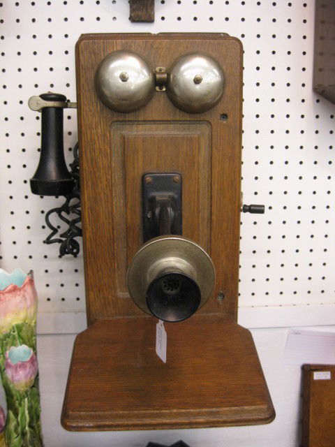 Oak Wall Telephone, early General Electric model, h: early General Electric model, handcrank.