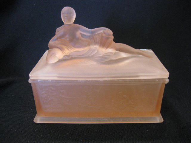 Art Deco Satin Glass Dresser Box, figural top with: figural top with nude lady, pink satin, 4" x 6 1/2".