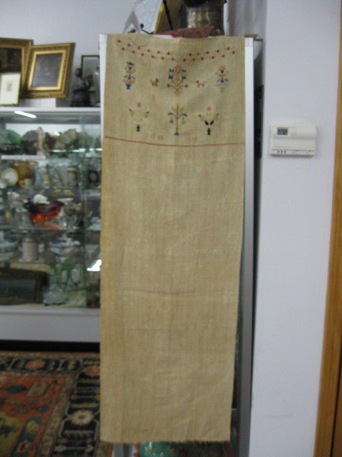 1834 Sampler Type Wall Hanging, pictorial, 17" wi: pictorial, 17" wide x 51" long