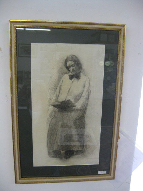 Louisa M. Gibson Pratt, pencil drawing, lady readi: lady reading, image area 11" x 21", well listed artist
