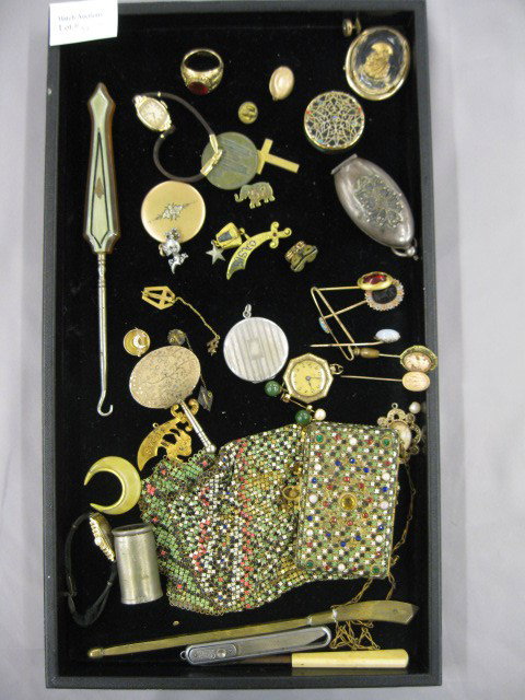 Tray of Estate Jewelry & Misc.: includes purse, lockets, stickpins, watches and more.