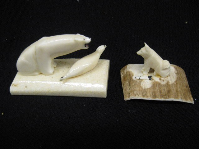 3 Eskimo Carvings, Ivory with Polar Bear and cub 1: and cub 1-1/2" x 2-3/4", smaller dog with fish, and jade bird