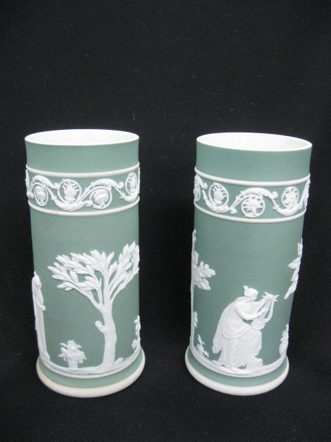 Pair of Wedgwood Jasperware Vases, classical scene: classical scenes of maidens in the garden, unusual teal green, 5 3/4", excellent.