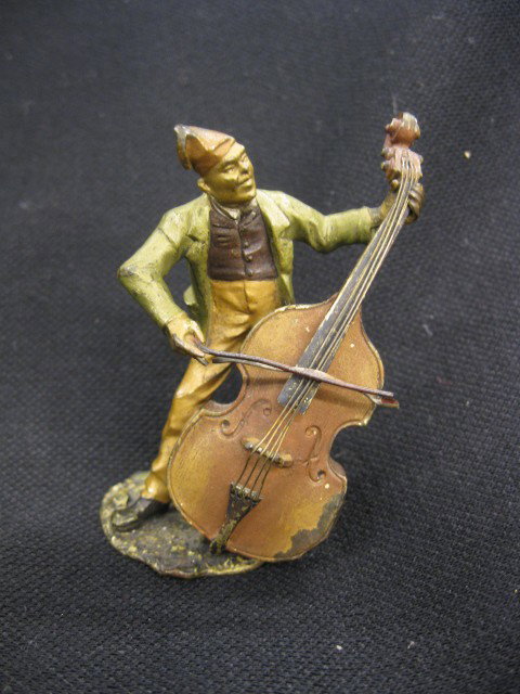 Bergmann Austrian Bronze Figurine, man with cello,: man with cello, coldpainted, signed, #8111, 3" tall. Franz Xavier Bergman (1861 – 1936) was a Viennese sculptor who produced numerous cold-painted bronze Oriental and animal figures. Noted for his d