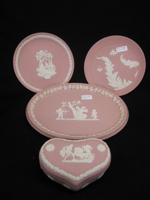 4 pcs. Wedgwood Jasperware, pink,: pink, includes oval tray 7 1/2" x 9 1/2", heart shape box and pair of 6 1/2" botanical plates with insects, all excellent. You could say that pottery was in Josiah Wedgwood's blood. Wedgwood (1730-179