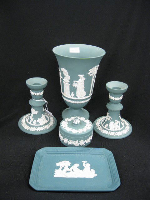 5 pcs. Wedgwood Jasperware, blue-green, includes 7: blue-green, includes 7 1/2" vase, 4 1/2" x 6 1/2" tray, pair of 5" candlesticks and a 3" trinket box, all excellent.
