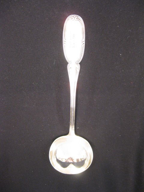 American Coin Silver Soup Ladle by Ball, Black & C: Black & Company, circa 1850, 14 1/2" long, excellent, monogram on back, 217 grams. Ball, Black & Co. was the leading American retail jewelry house of the 19th Century. In 1860, they induced John Rudol