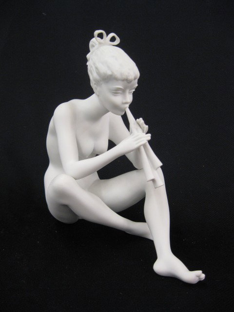 Kaiser Bisque Porcelain Figurine of a Nude, playin: playing flute, 8", excellent.