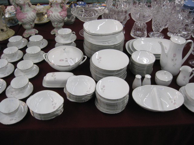 98 pc. Noritake "Pasadena" China Service for 12, : rose with platinum rim, lots of servers, appears unused, excellent.