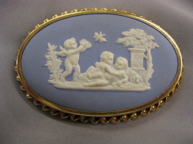 Wedgwood Blue Jasperware Brooch, cherubs at play,: cherubs at play, 1-1/4" x 2", in fancy gold filled frame