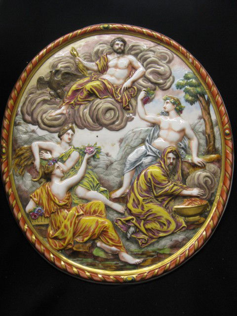 Capodimonte Porcelain Plaque, mythological scene,: mythological scene, 15" x 18", early staple repairs due to crack.