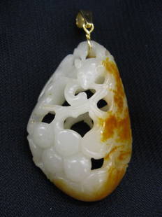 Chinese Carved Jade Pendant, fancy openwork with: openwork with fruit, russet coloring, 18K yellow gold bale, 1 1/2" X 2", excellent