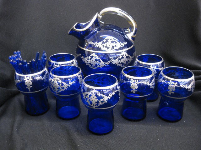 Silver Overlay Cobalt Glass Beverage Set, 9" ball: 9" ball shape pitcher and 7-4 1/2" glasses and 24 stirrers, excellent.