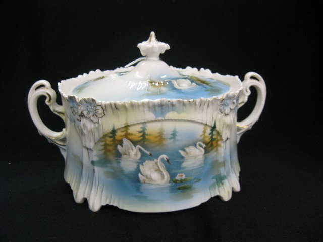 R.S. Prussia Biscuit Jar, swans on lake, icicle mo: swans on lake, icicle mold, signed, 5" tall, 7" diameter (plus handles).