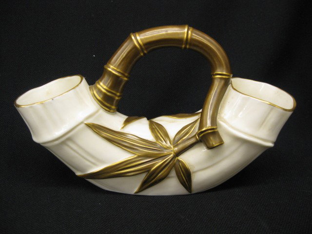 Royal Worcester Porcelain Vase, bamboo shape, gold: bamboo shape, gold trim, 4 3/4" tall, 8" wide, signed, excellent.