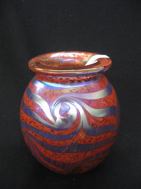 Robert Eickholt Art Glass Vase, iridescent drapery: iridescent drapery on red mottled, 6", excellent. Robert Eickholt founded Eickholt Glass in 1978. Eickholt Glass was established to allow for the development of new designs and decorating techniques f