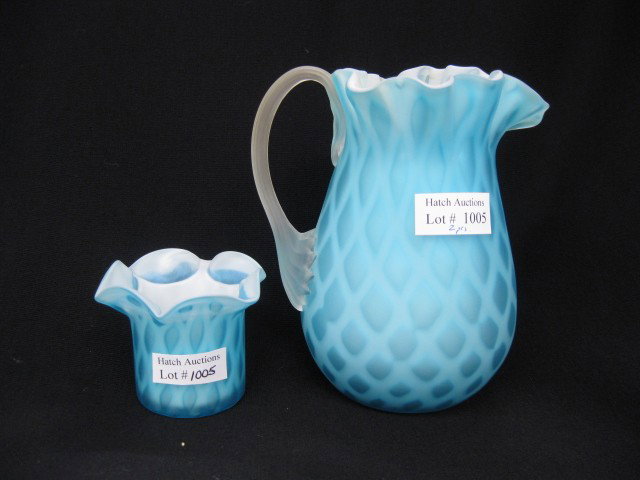 2 pcs. Blue Satin Diamond Quilted Art Glass, 5 1/: 5 1/2" pitcher and 2 1/4" toothpick holder, excellent.