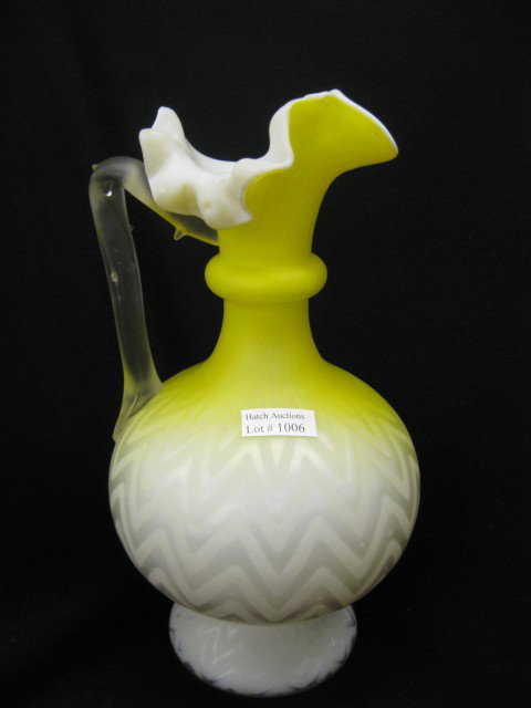 Victorian Yellow Satin M.O.P. Glass Pitcher, herr: herringbone design, scarce color, 11 1/2", one stress line in handle
