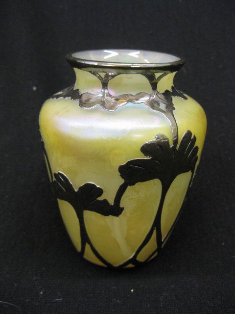 Loetz Silver Overlay Vase, floral decoration on: floral decoration on amber iridescent, 4", numbered, excellent.