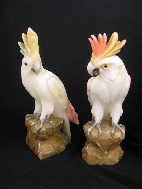 Pair of Carved Alabaster Bird Figurines, each per: each perched on stone base, tinted, 12 1/2", excellent.