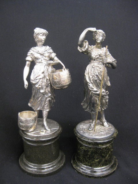 Pair of Silvered Bronze Statues of Peasant women,: women, 19th century, each 7 1/2" plus marble bases, excellent.