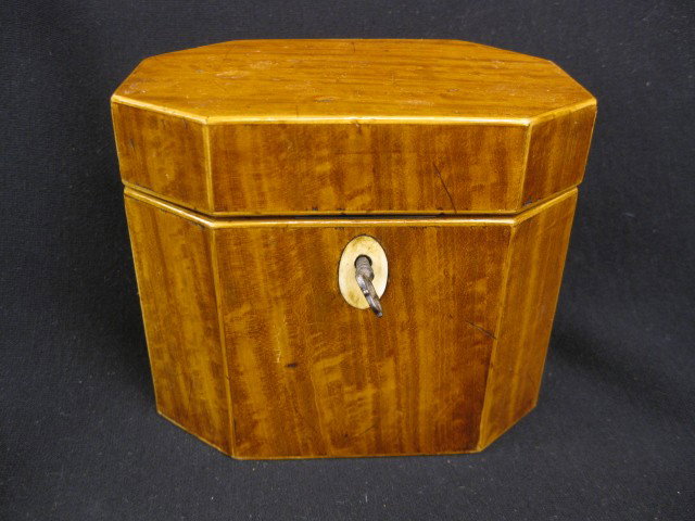 Fine Tea Caddy Box, banded inlay, : banded inlay, silk & tin lined, 4 3/4" tall, 5 1/2" wide.