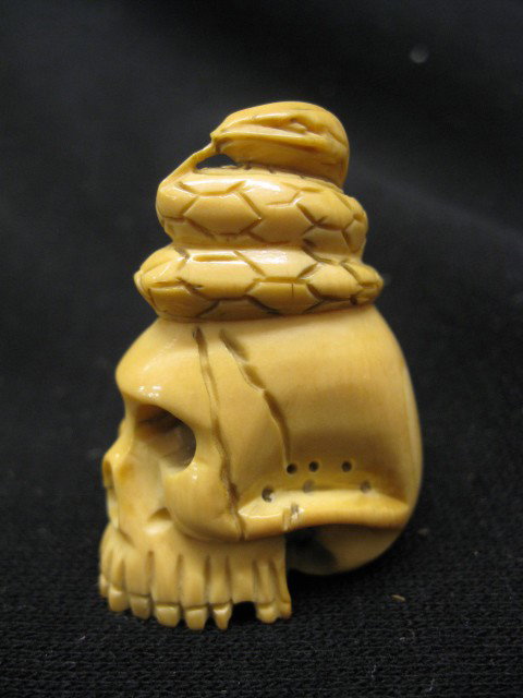 Carved Ivory Netsuke of Snake on Skull, 1 3/4", e: 1 3/4", excellent.
