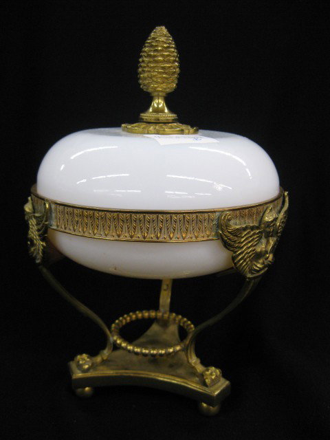 Bronze & Opalene Art Glass Box, winged maiden & : winged maiden & acanthus leaf trim, pineapple finial, 9" tall, excellent.