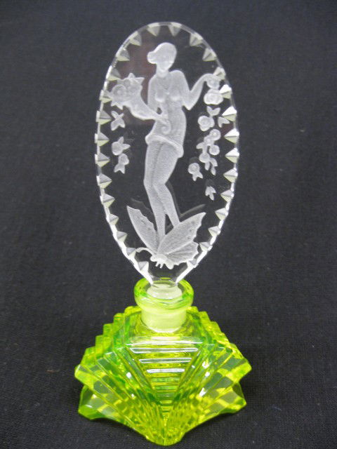 Czechoslovakia Cut Crystal Perfume Bottle, vaseli: vaseline base, intaglio of maiden & butterfly in clear stopper, 5 1/2", artist signed, excellent.