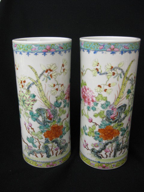 Pair of Chinese Porcelain Vases, cylinderical, ph: cylinderical, pheasant & floral, 11 1/4", excellent.